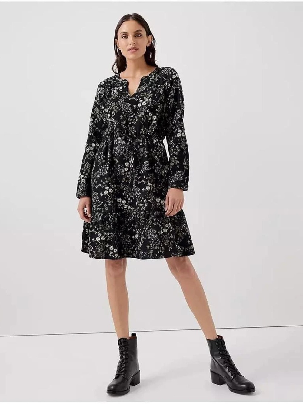 Pact Black Floral Long Sleeve V-Neck Tiered Dress